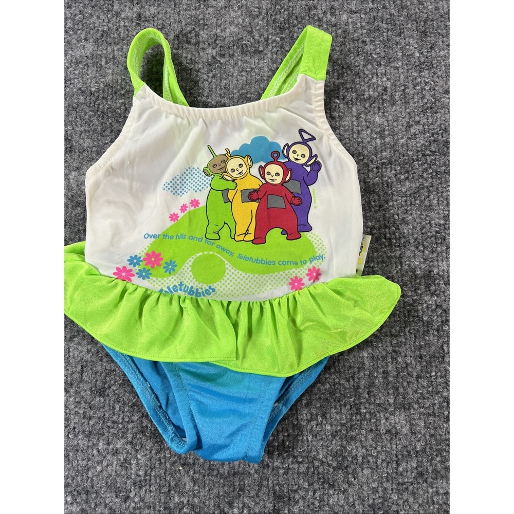 VINTAGE 1998 Teletubbies One-Piece Ruffle Swimsuit - Fits 9-12 Months (Rare)